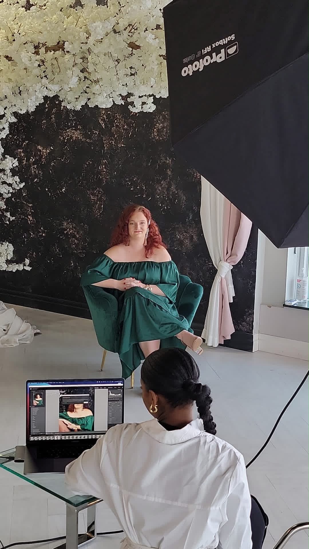 Single parent photoshoot participant in green dress